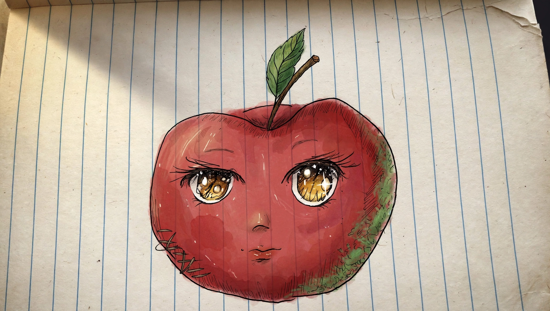 Anthropomorphic red apple with big sparkly anime eyes drawn on lined notebook paper
