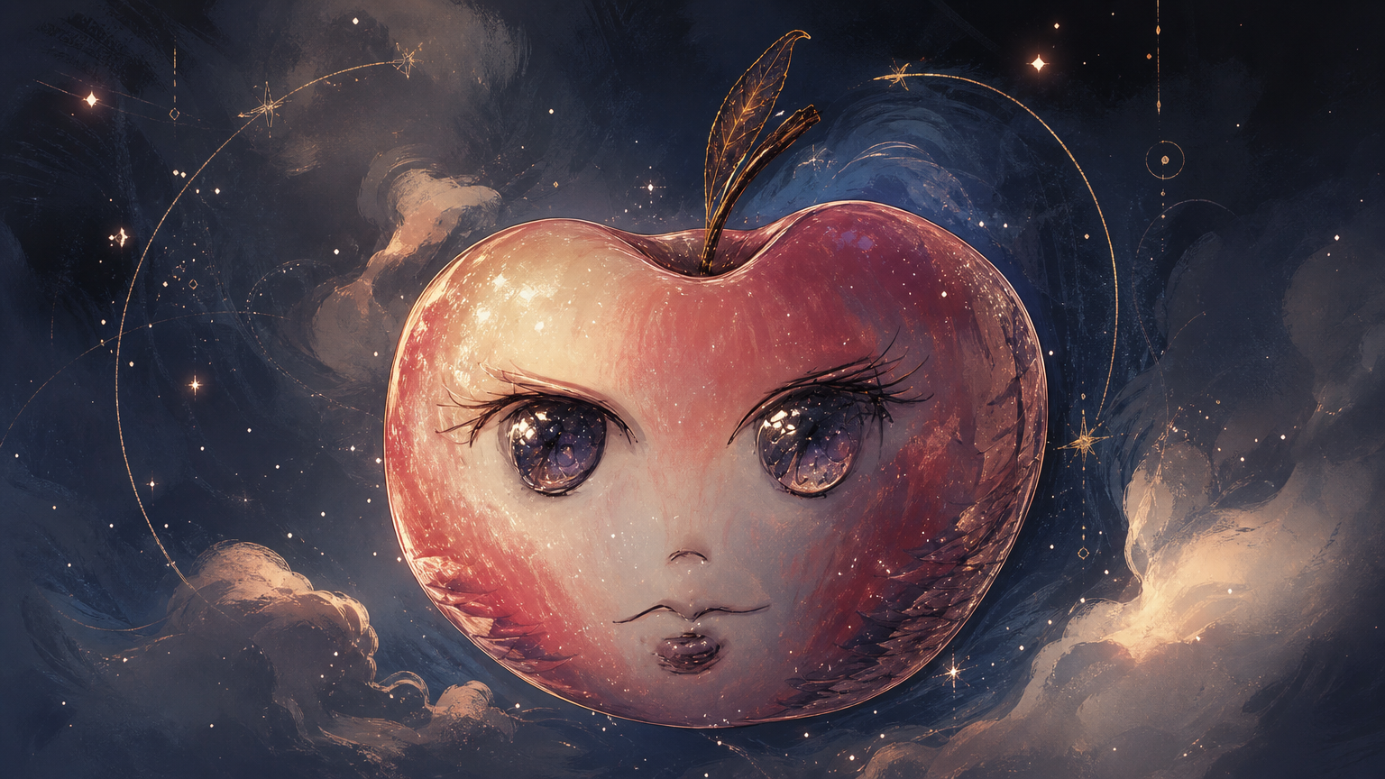 Anthropomorphic apple with large anime eyes floats in a starry cosmic cloud sky