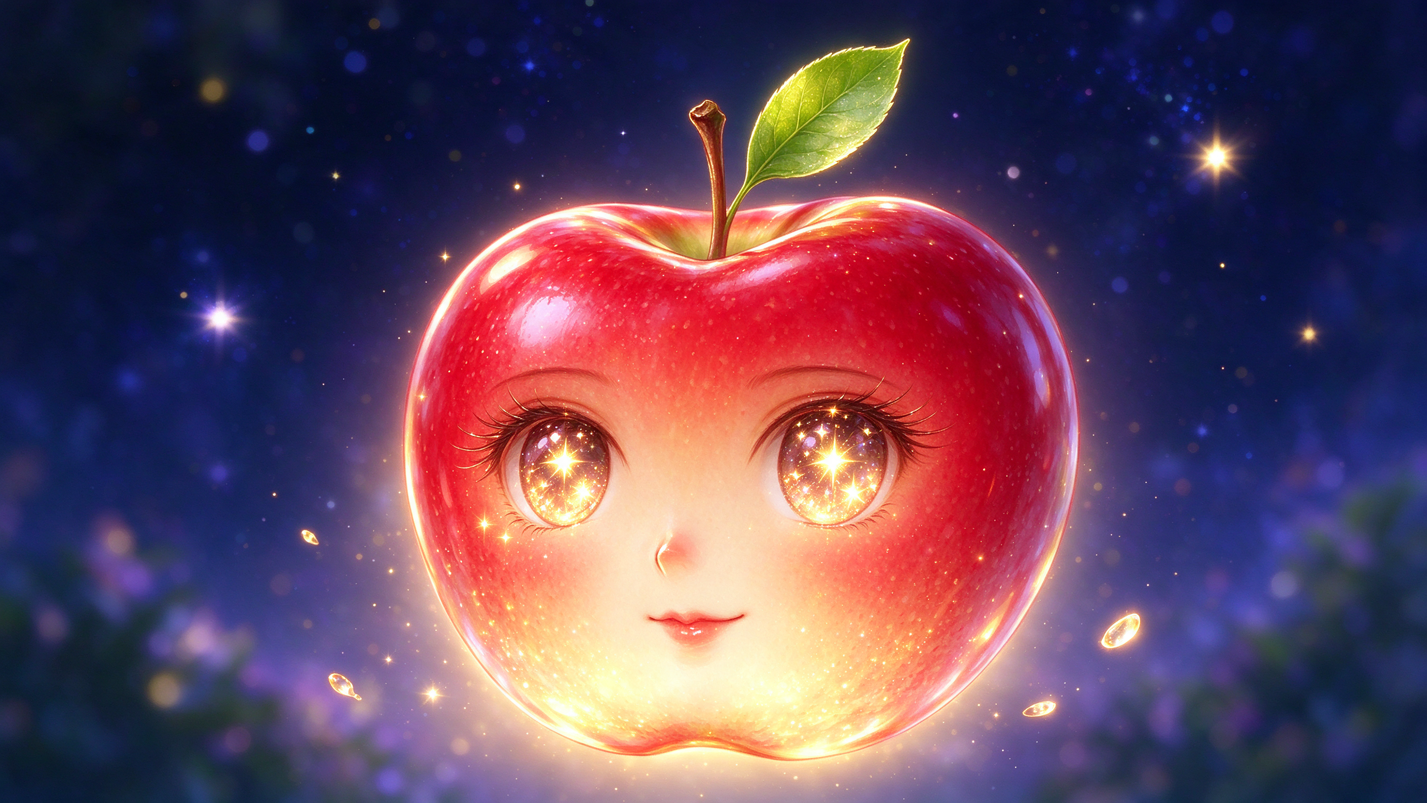 Cute anthropomorphic red apple with sparkly anime eyes glows against a starry night background