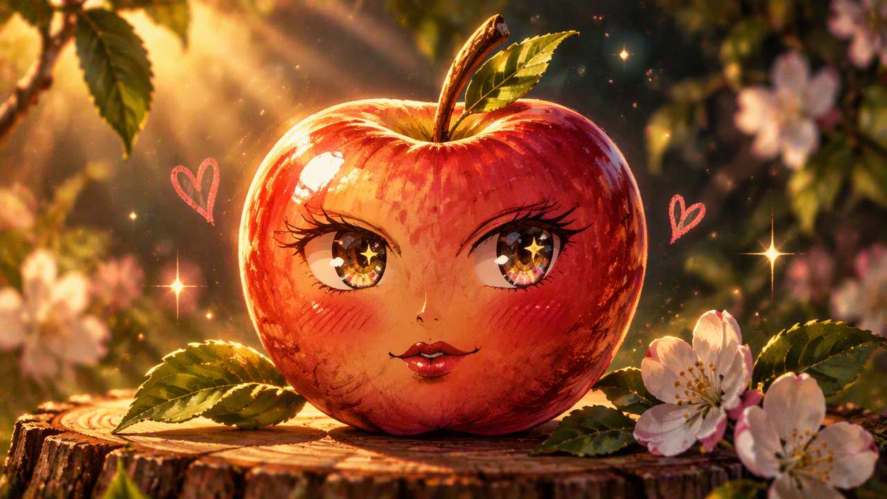 Cute anthropomorphic red apple with sparkly anime eyes resting on a tree stump at golden hour
