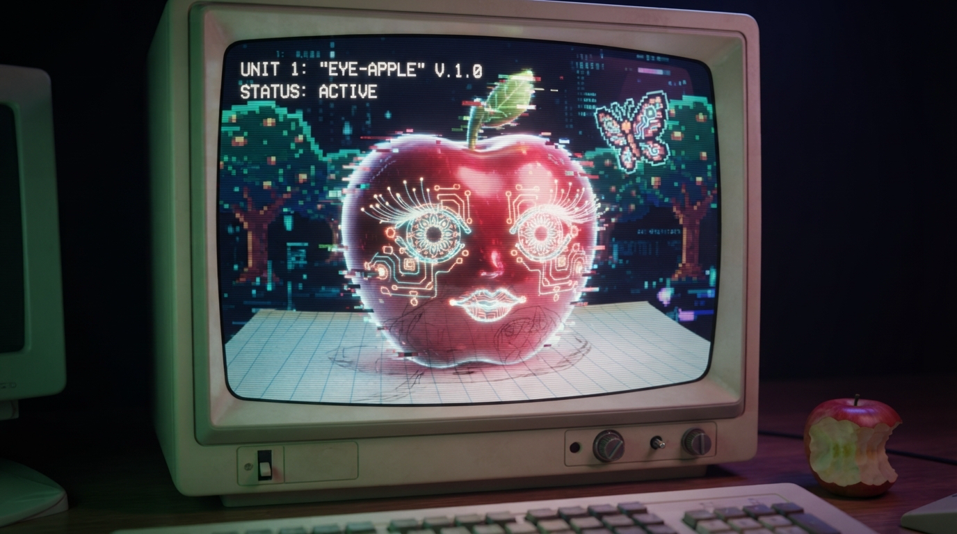 Vintage CRT monitor displays a glowing cybernetic eye-apple next to a half-eaten real apple on a desk