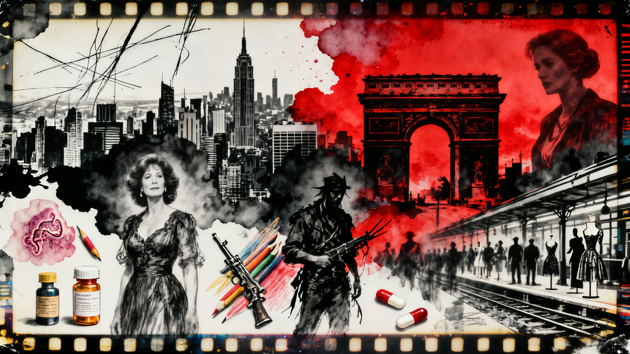 Surreal cinematic mixed media collage framed by a distressed film border, blending cityscapes, figures and symbolic objects