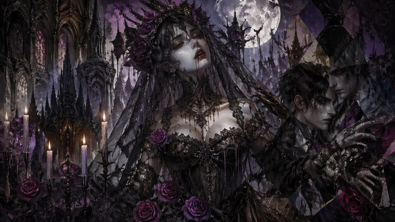Pale bleeding gothic vampire bride stands with male vampires in a moonlit candlelit cathedral