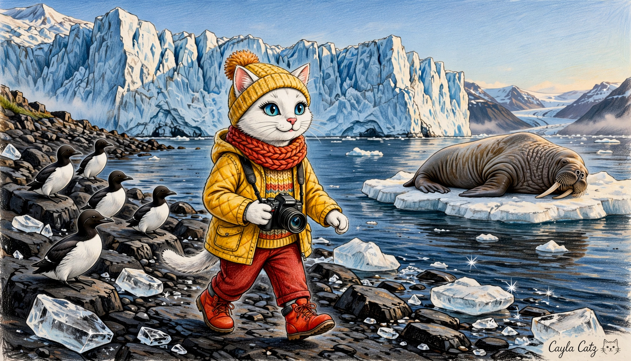 Anthropomorphic cat in winter clothes carries a camera while exploring an arctic shore with local wildlife