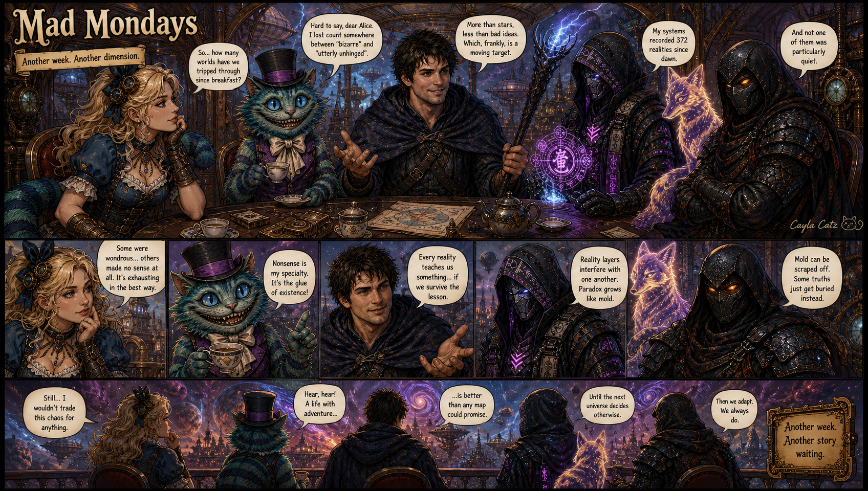 Mad Mondays fantasy comic strip of Alice, Cheshire Cat, and adventurers discussing interdimensional travel over a tea table