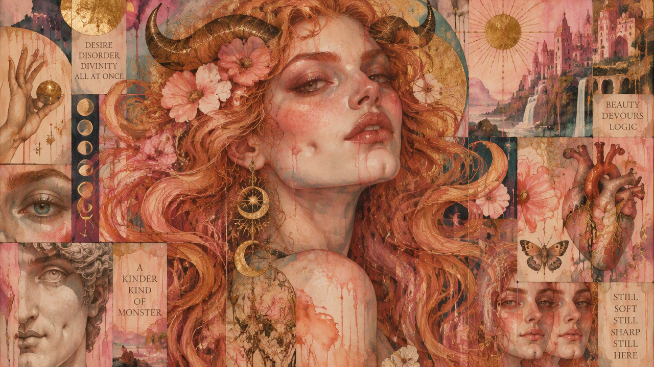 Horned mythic goddess with curly copper hair framed by surreal collage panels of symbolic art and poetic text