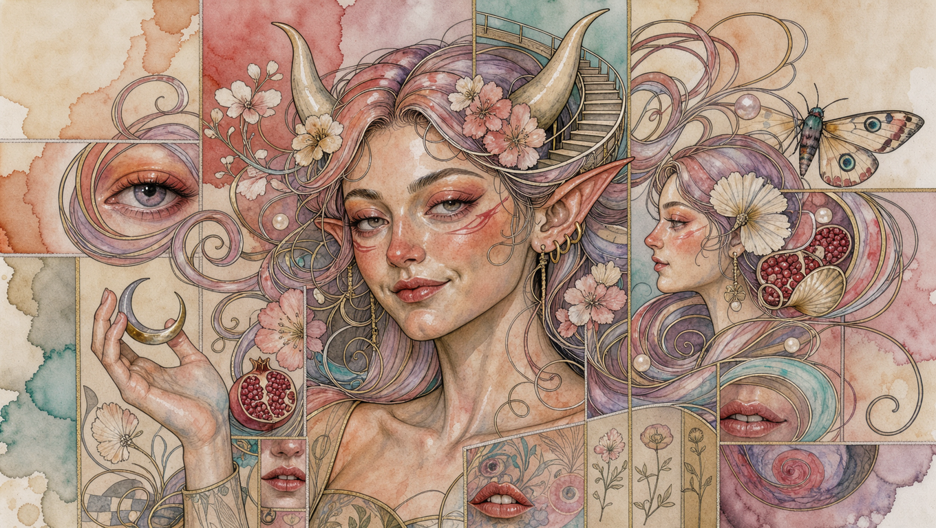 Intricate Art Nouveau watercolor portrait of a horned fae elf woman with pastel hair and decorative tiled panel details