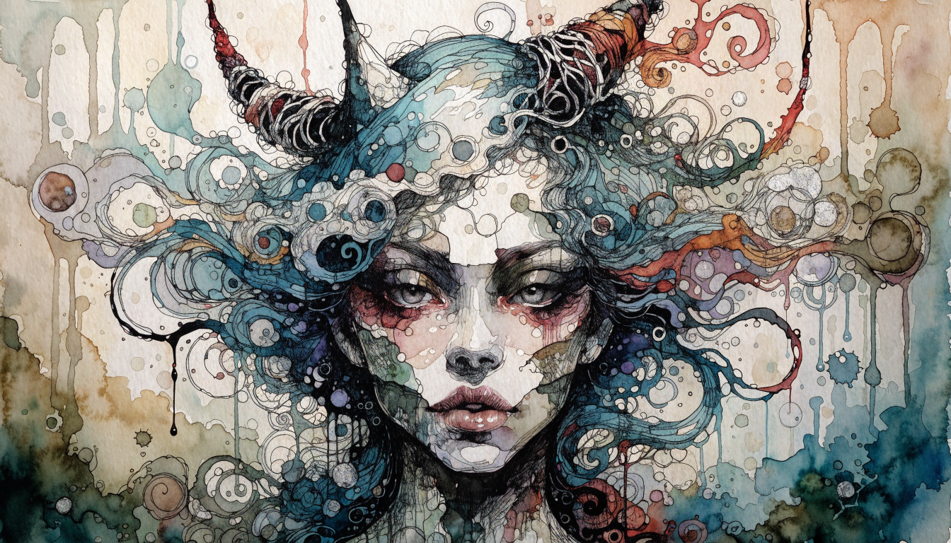 Intricate watercolor portrait of a horned fantasy woman with swirling blue hair and abstract ink splatters