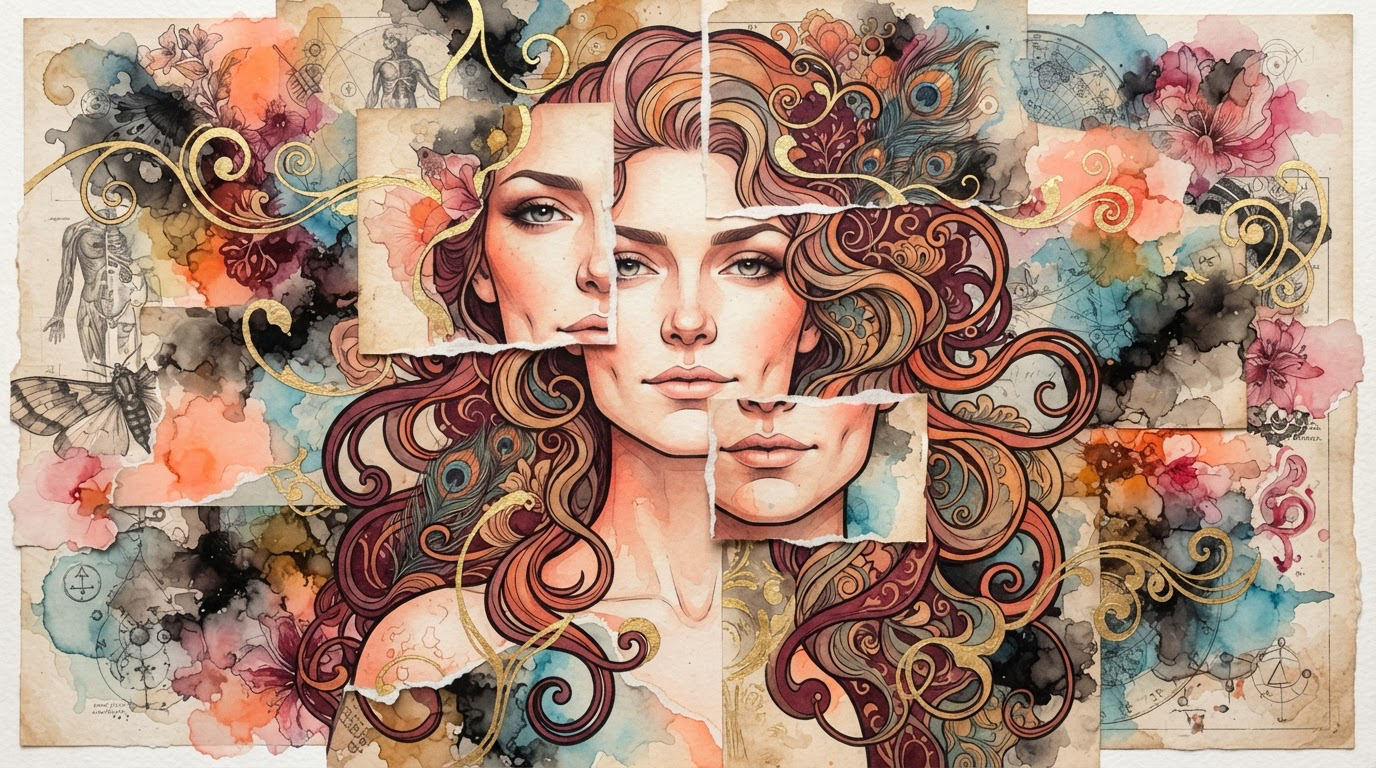 Fragmented torn paper collage portrait of a woman with ornate curly hair and vintage decorative watercolor details