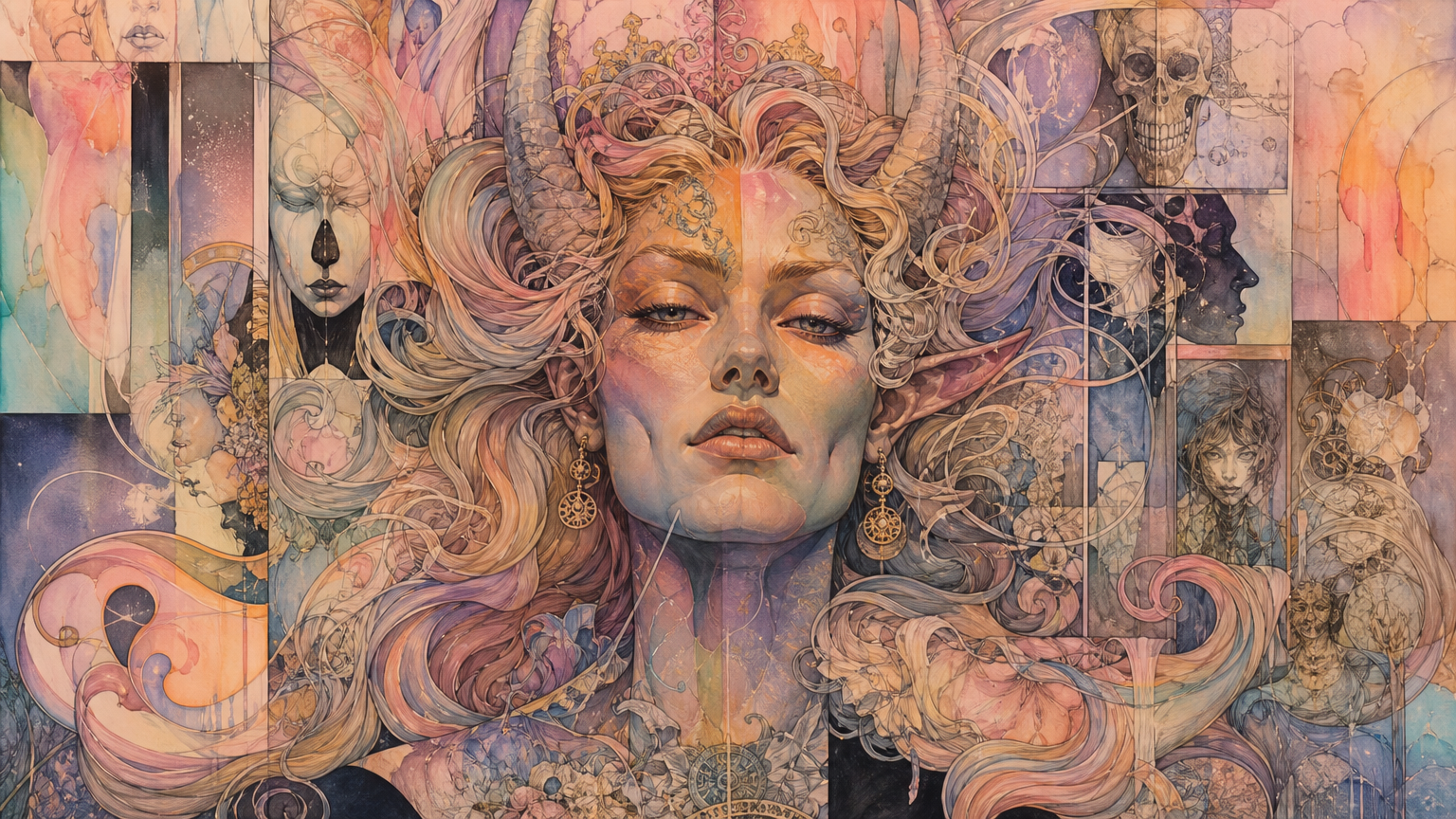 Pastel watercolor portrait of a horned elven fantasy goddess surrounded by surreal spiritual vignettes