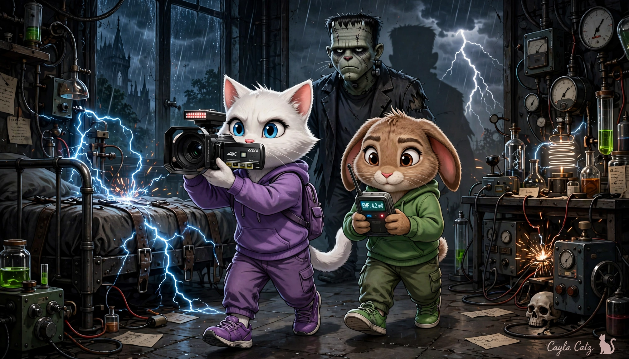 Cute cartoon cat and rabbit film Frankenstein's monster in a sparking stormy mad scientist laboratory