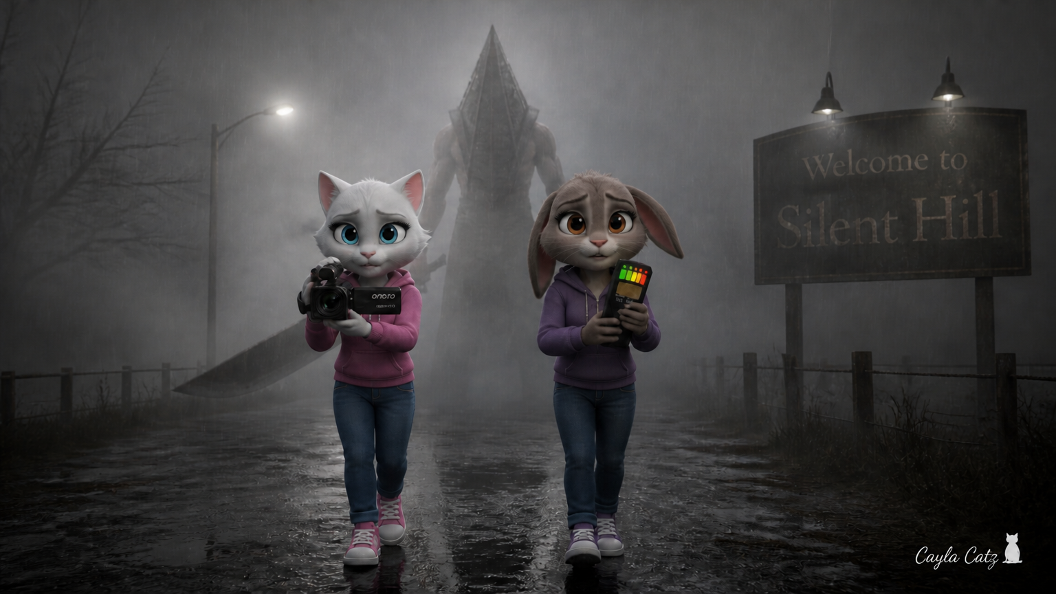 Animated cat and rabbit paranormal investigators walk a foggy Silent Hill road as Pyramid Head looms behind them.