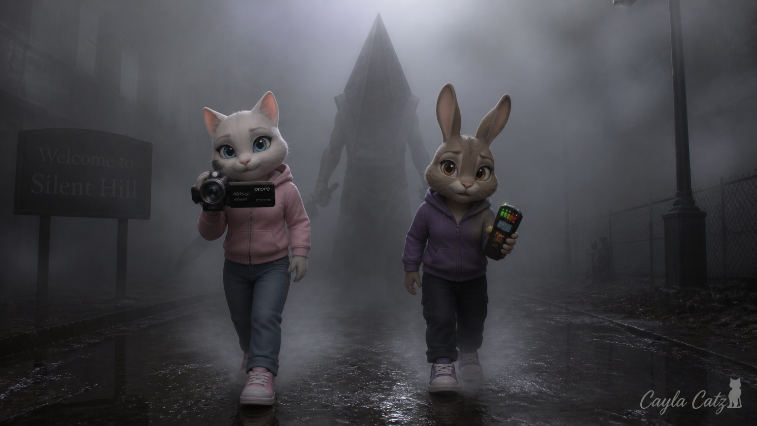 Anthropomorphic cat and rabbit explore foggy Silent Hill as Pyramid Head looms in the mist behind them