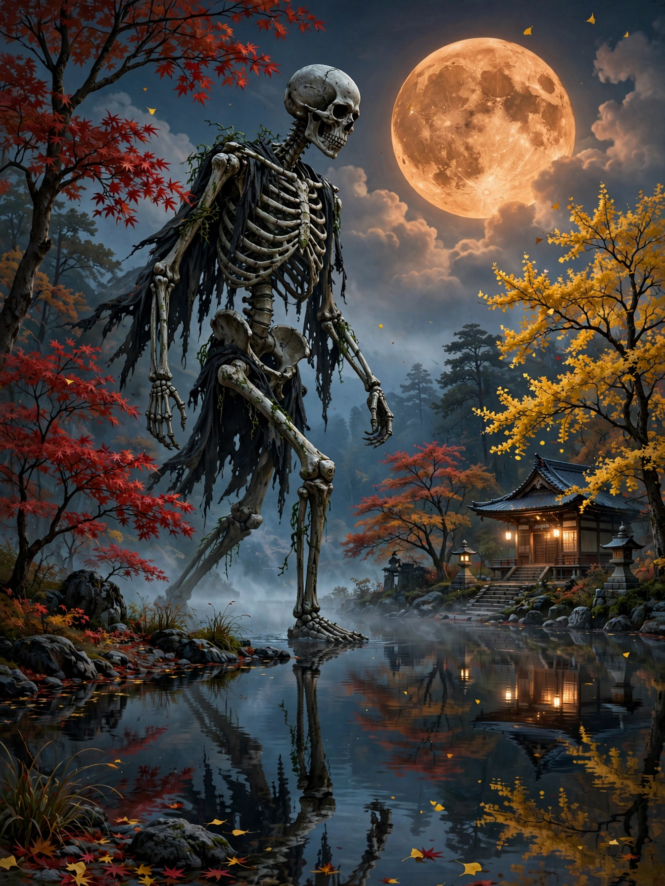 Giant tattered undead skeleton wades through calm misty water under a glowing full moon beside a Japanese autumn shrine
