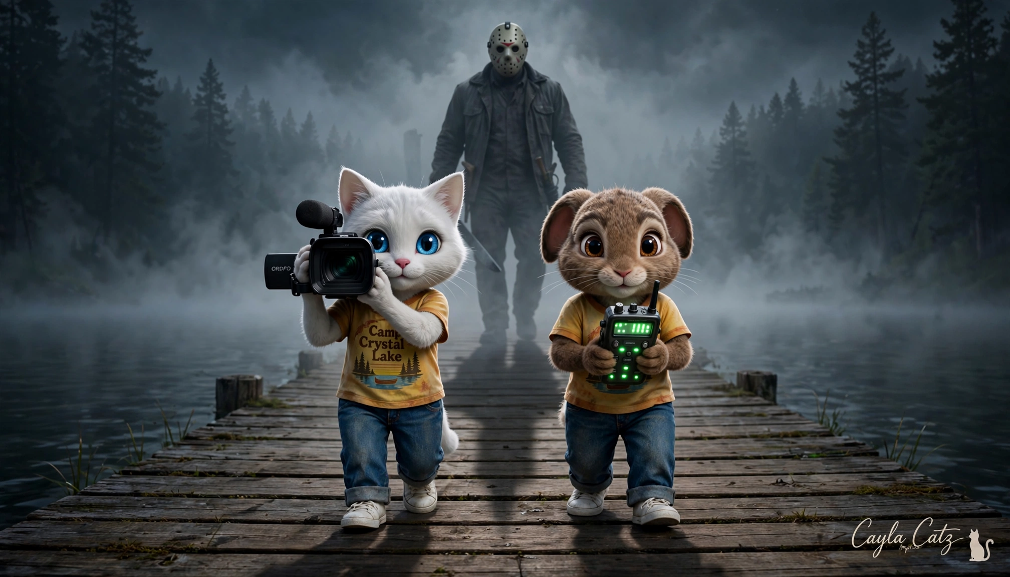 Cute cat and rabbit film crew stand on a Crystal Lake dock as Jason Voorhees looms behind them in fog