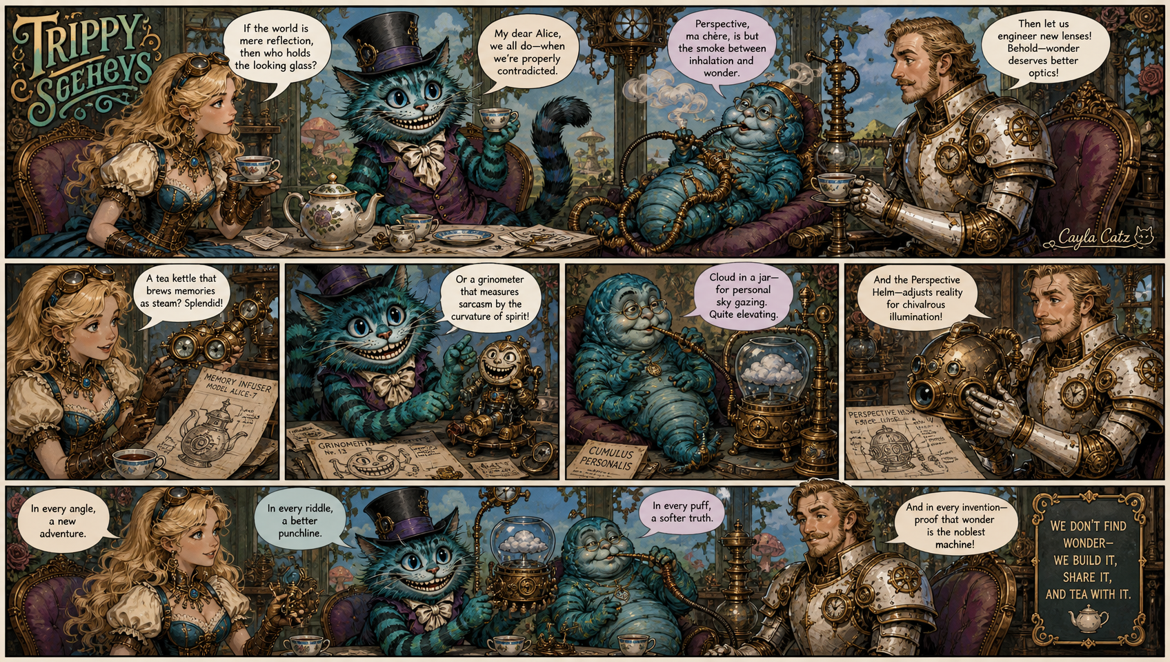 Multi-panel steampunk Alice in Wonderland comic strip showing a… — AI ...