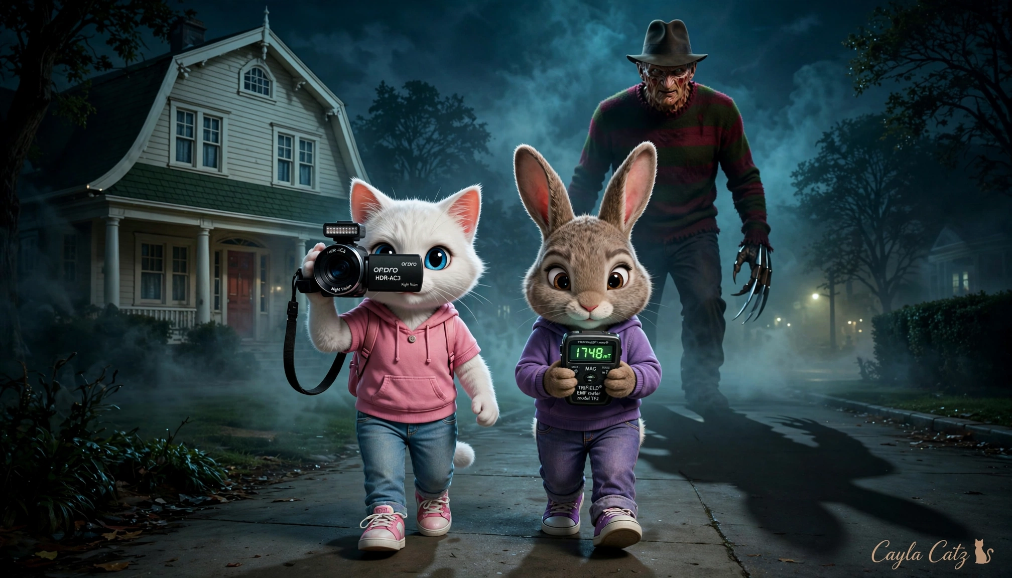 Anthropomorphic cat and rabbit ghost hunters are followed by Freddy Krueger on a foggy suburban street