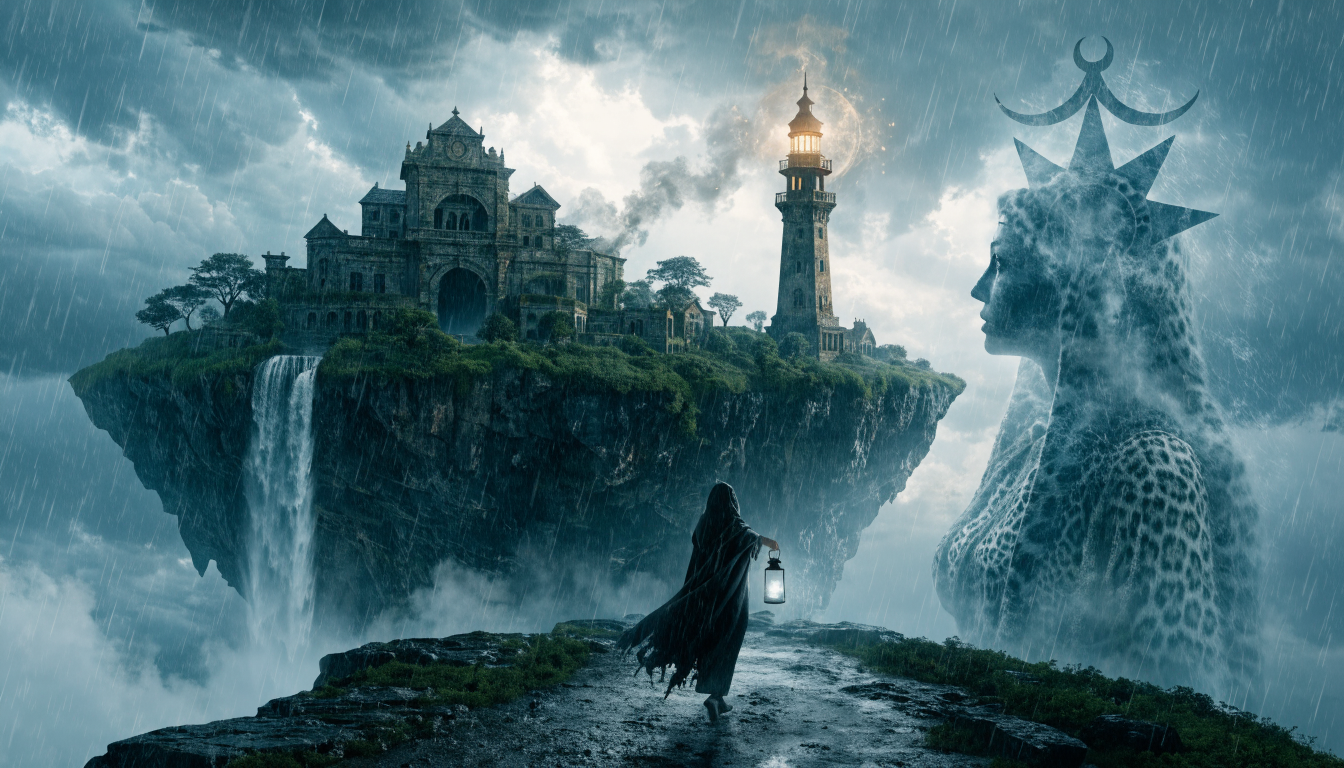 Hooded figure with glowing lantern faces a floating island and ethereal goddess in a stormy fantasy landscape