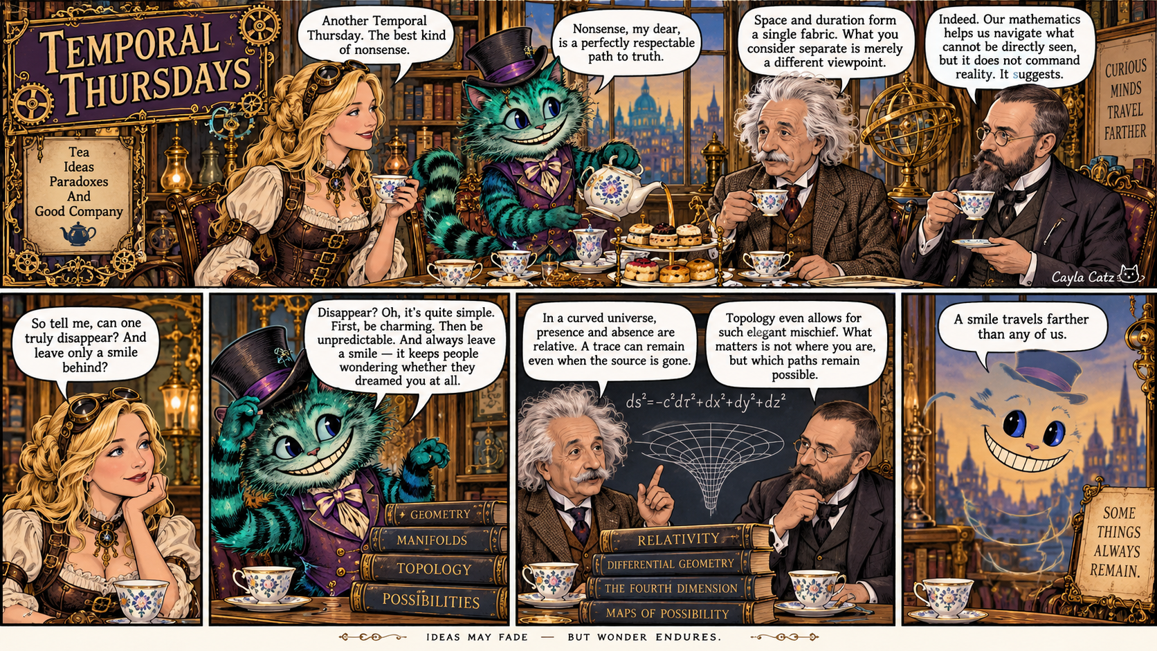 4-panel steampunk comic following Cheshire Cat, Einstein, and guests debating physics over afternoon tea
