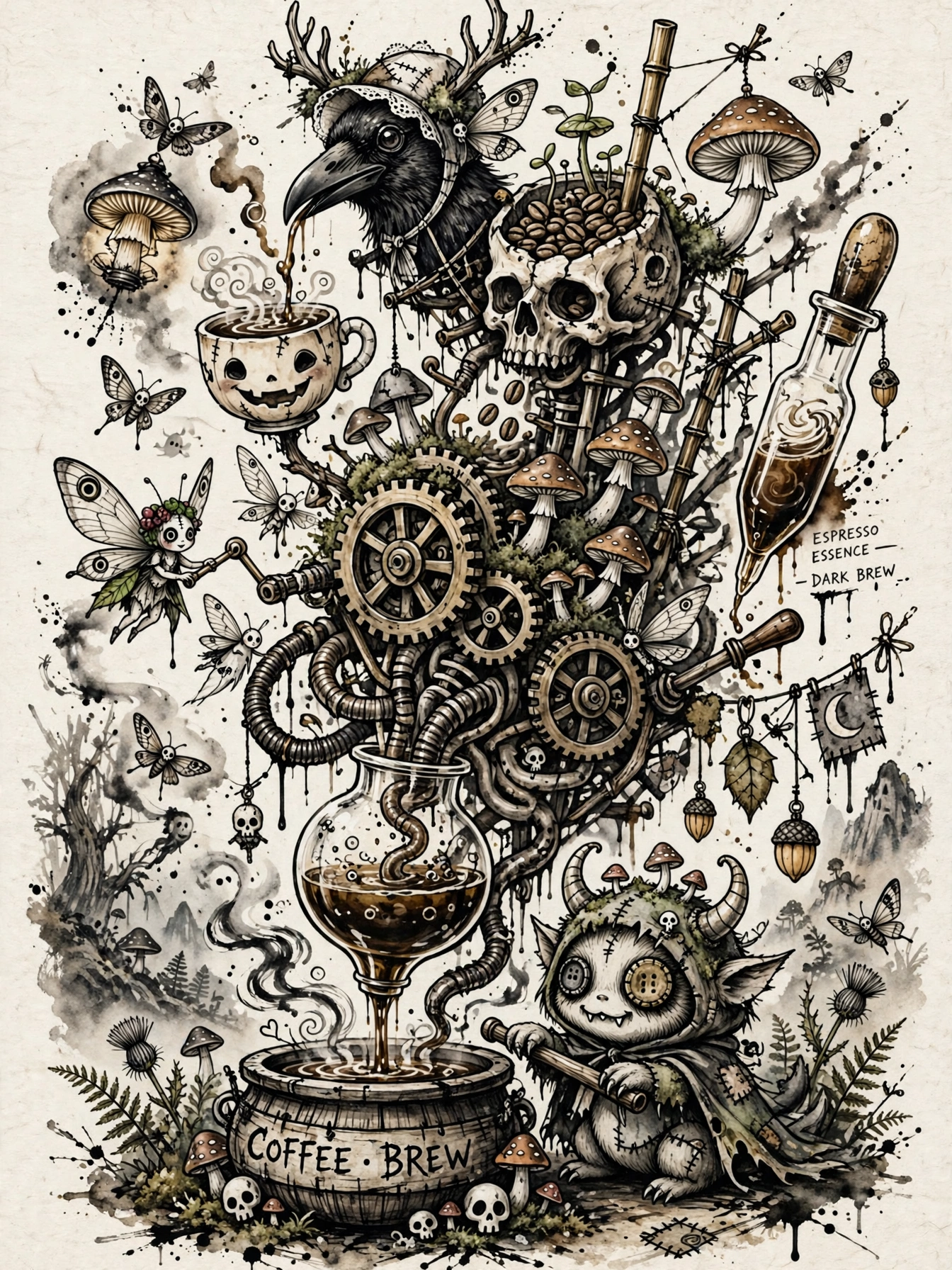 Whimsical gothic steampunk coffee brew contraption surrounded by fantasy creatures, mushrooms, and spooky details