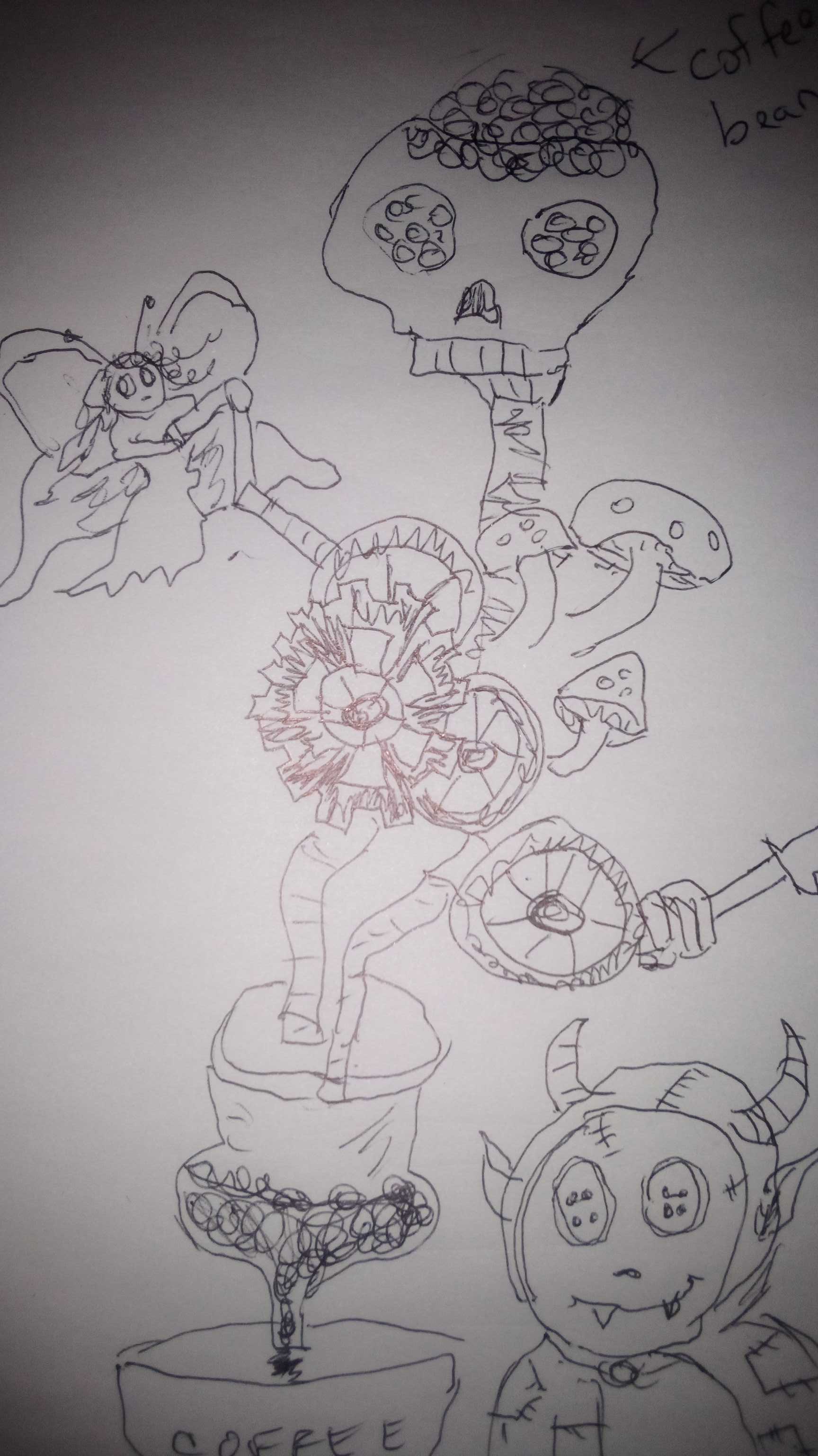 Surreal hand-drawn pen sketch of coffee-themed monster, winged fairy, and horned demon doodles on plain paper