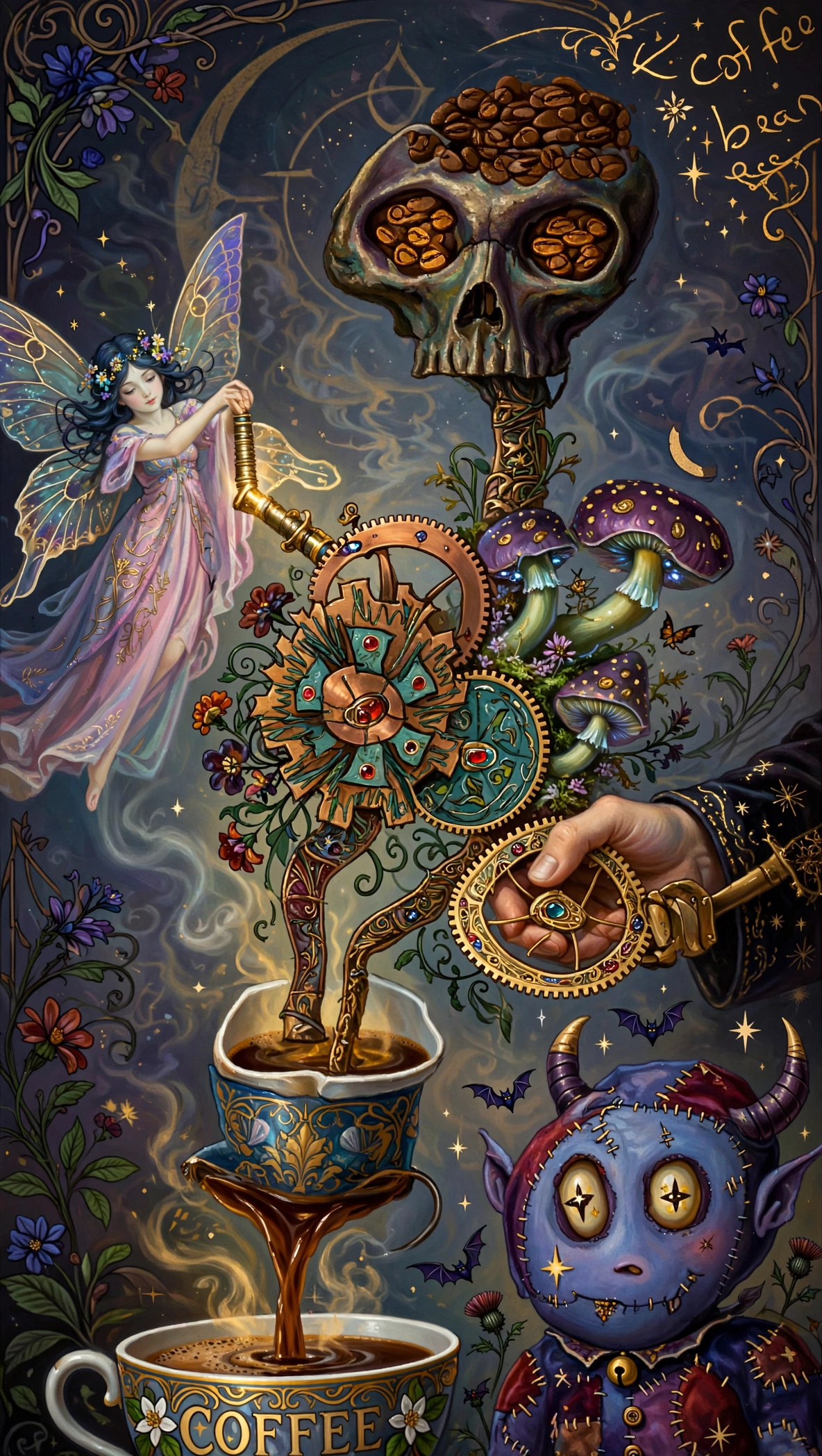 Surreal steampunk fantasy illustration of magical coffee brewing with fairy, skull, and stitched doll