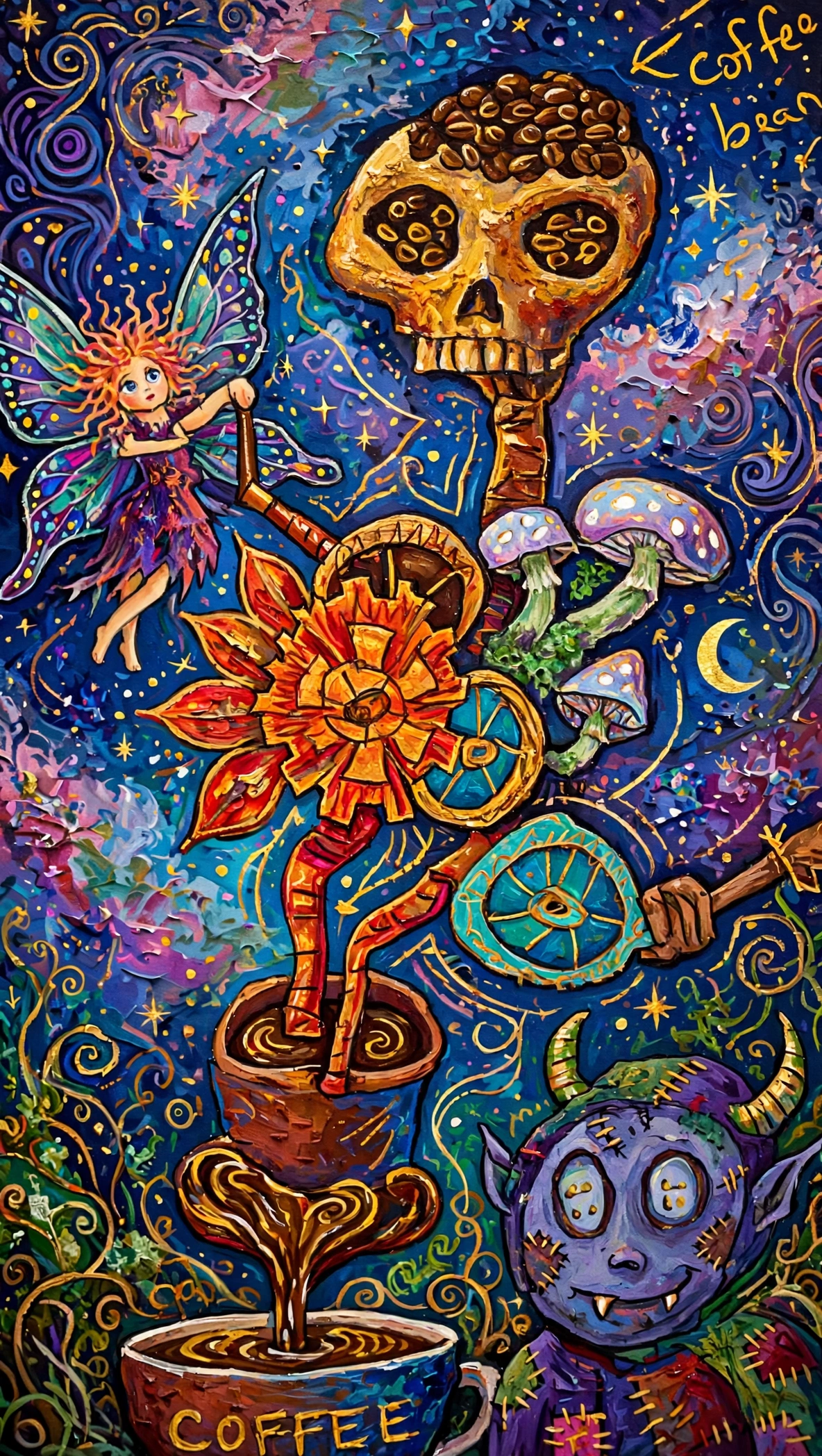 Whimsical surreal painting featuring coffee-themed fairy, goblin, and skull characters on a starry cosmic background