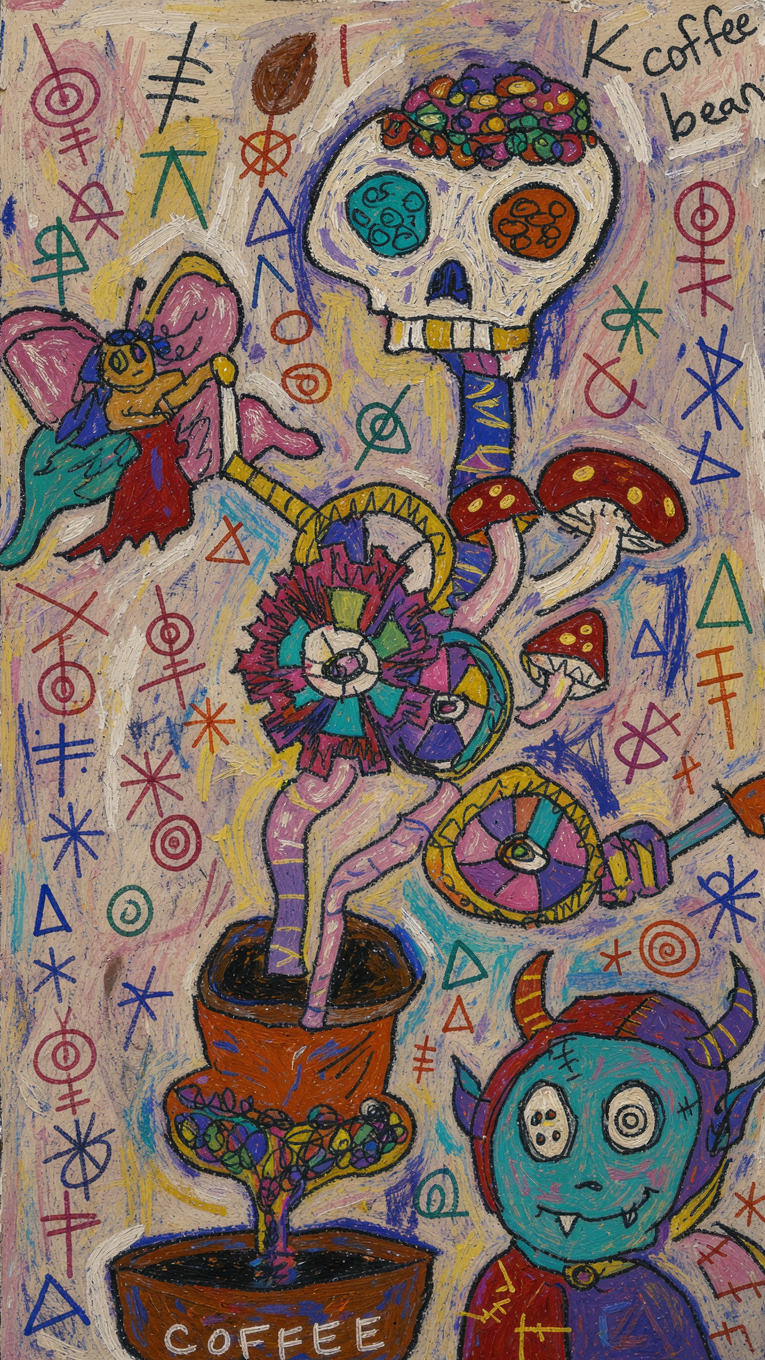Surreal naive outsider art featuring a flower crowned skull, fairy, horned demon, potted coffee plants and toadstools