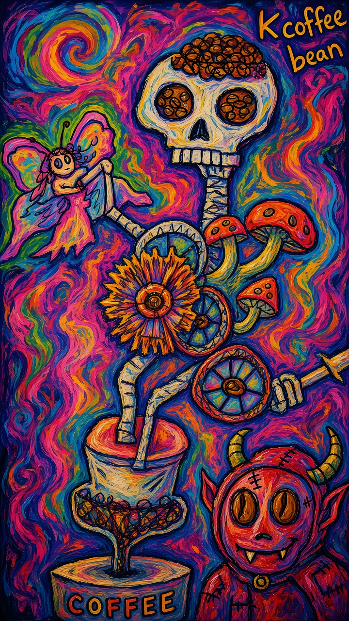 Surreal psychedelic artwork of a coffee-filled skeleton, fairy, demon, and mushrooms against a swirling rainbow background