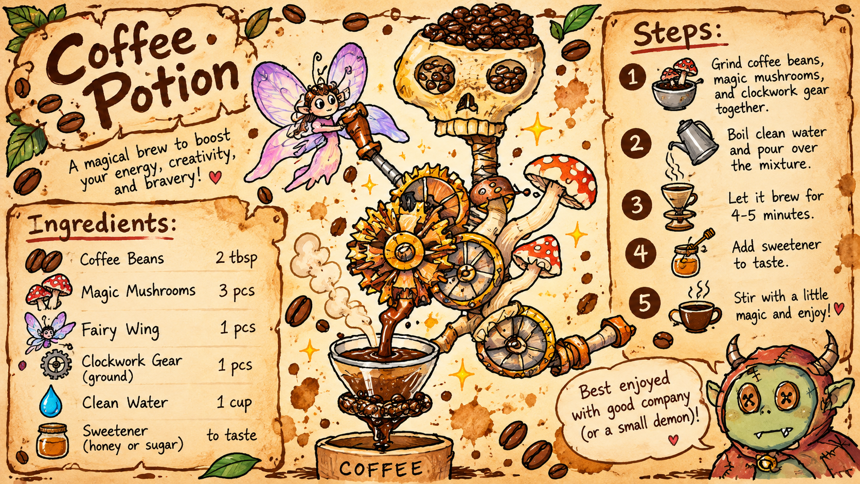 Whimsical hand drawn Coffee Potion fantasy recipe page with fairy, ste