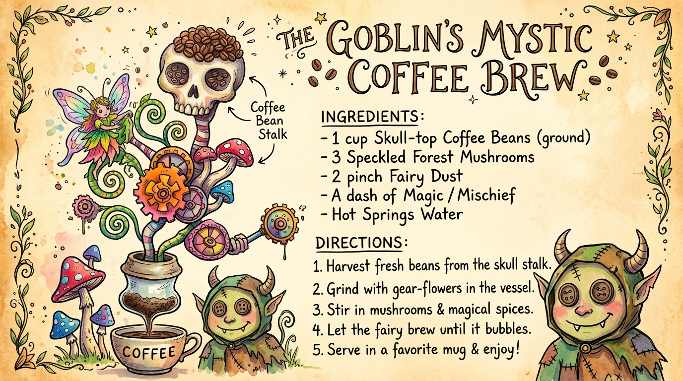 Whimsical illustrated fantasy recipe for The Goblin's Mystic Coffee Brew featuring goblins, a fairy, and magical coffee plant