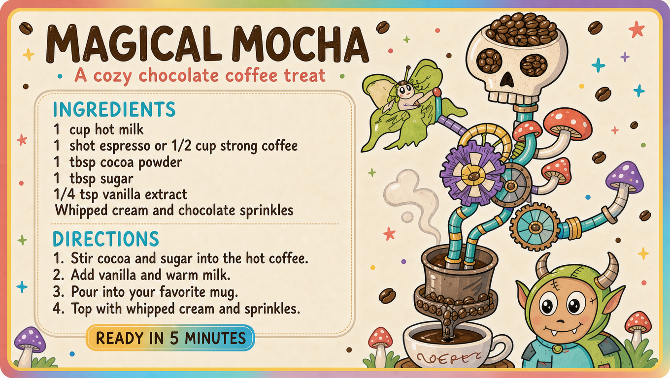 Whimsical illustrated Magical Mocha coffee recipe card with cute fantasy steampunk artwork and prep instructions