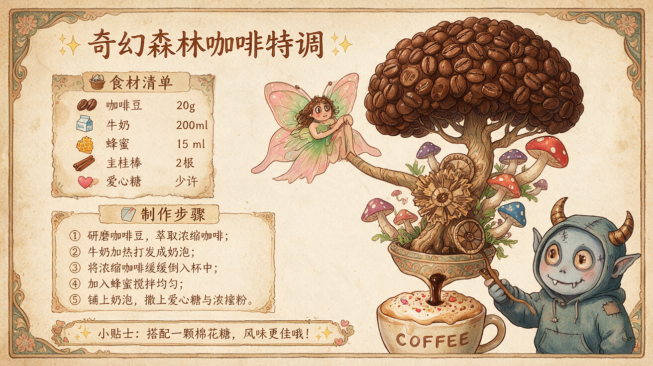 Whimsical vintage fantasy coffee recipe card with fairy, coffee bean tree, and cute goblin barista illustration