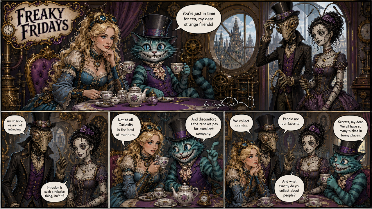 Steampunk Freaky Fridays comic strip depicting a whimsical mad tea party with Alice, Cheshire Cat, and surreal gothic guests
