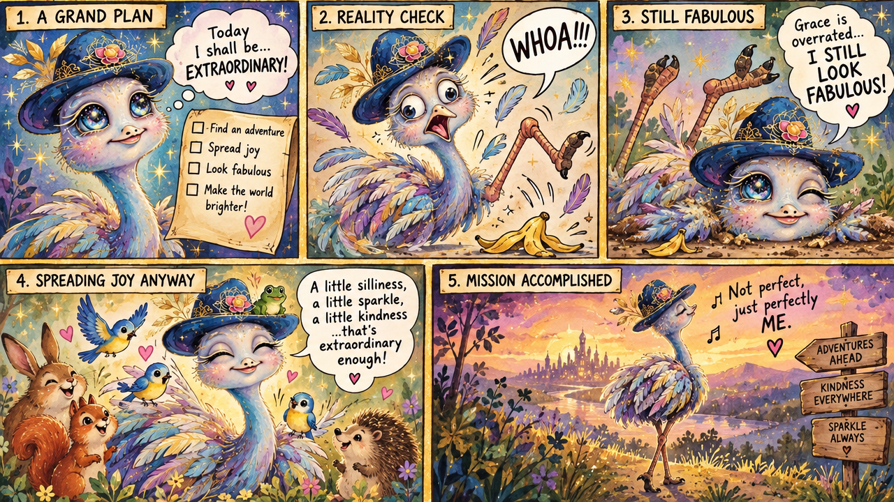 5-panel whimsical comic following a fancy pastel bird who embraces imperfection after slipping on a banana peel