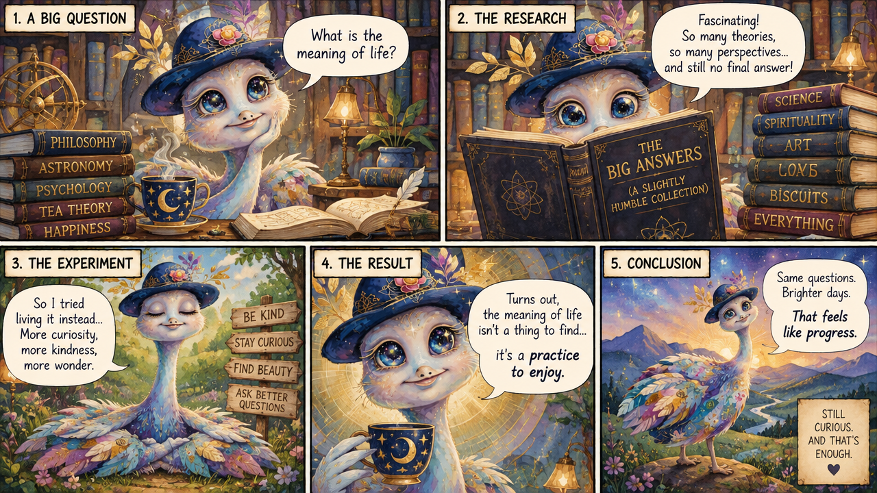Cute whimsical 5-panel comic of a magical bird exploring the meaning of life through warm gentle life lessons