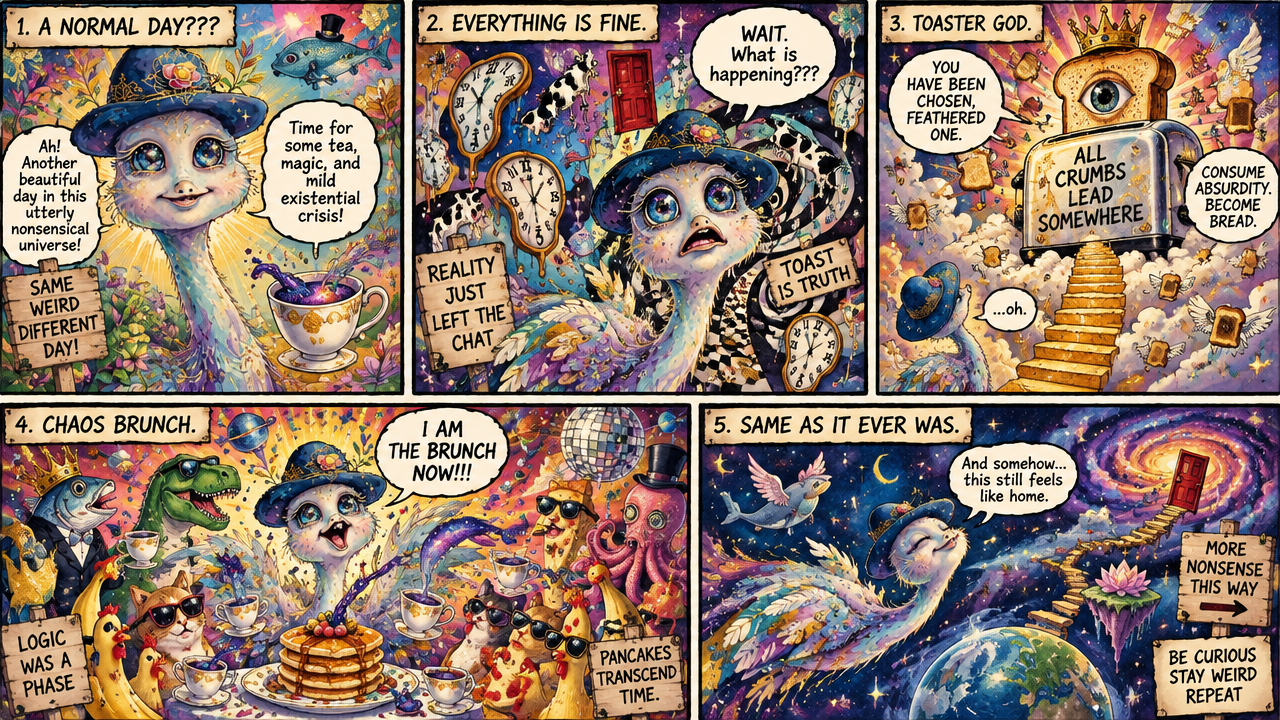Surreal five-panel comic following a whimsical hat-wearing bird through absurd cosmic chaos and a toaster god encounter