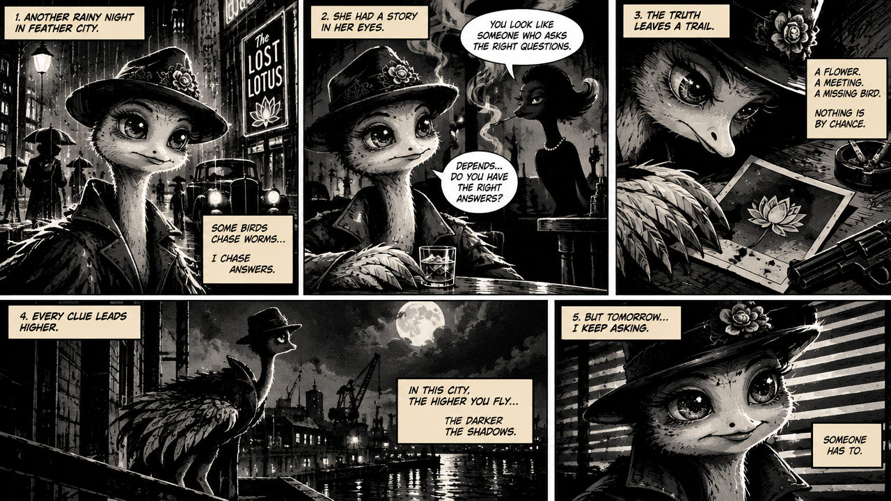 Five panel black and white neo-noir comic featuring an anthropomorphic bird detective solving a rainy city mystery