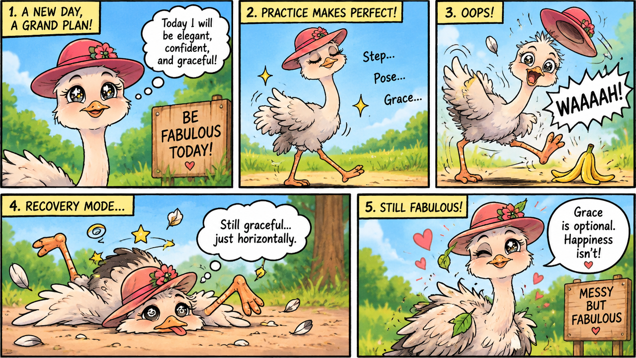 Cute 5-panel comic of an ostrich trying to be graceful, slipping on a banana peel, and choosing happiness over perfection