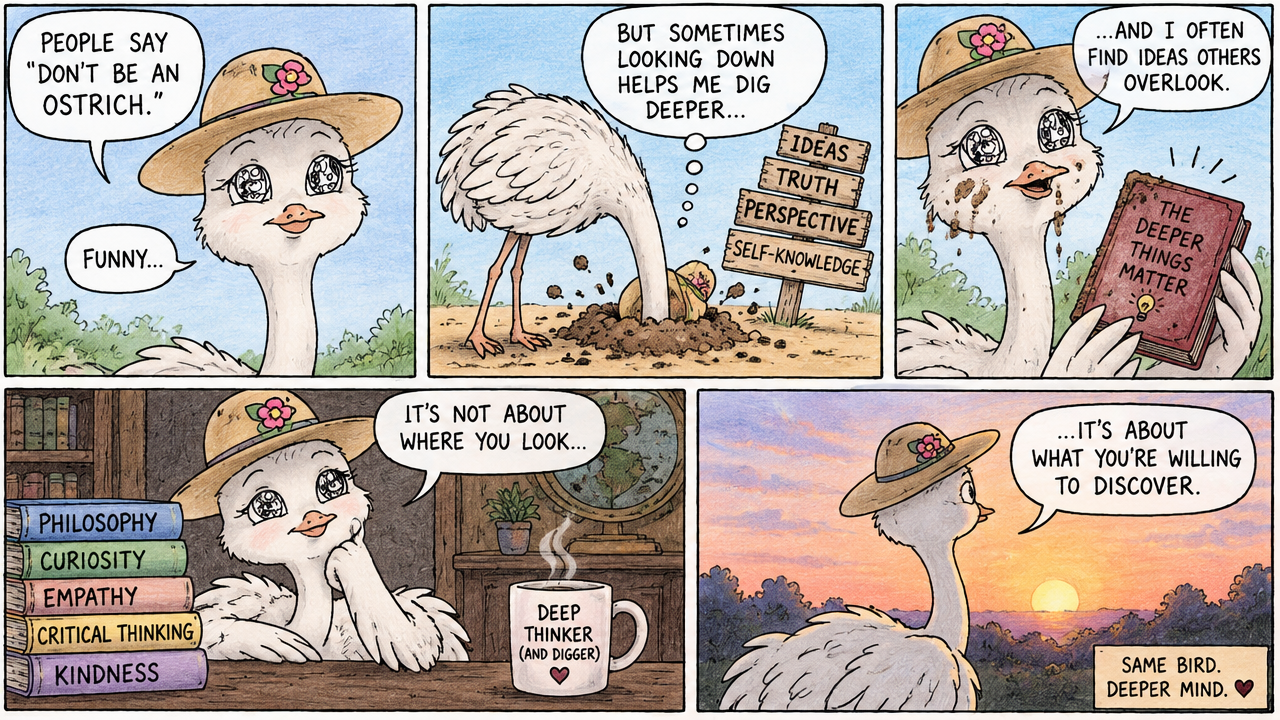 5-panel whimsical comic of a straw-hatted ostrich reinterpreting the "don't be an ostrich" idiom to celebrate deep thinking