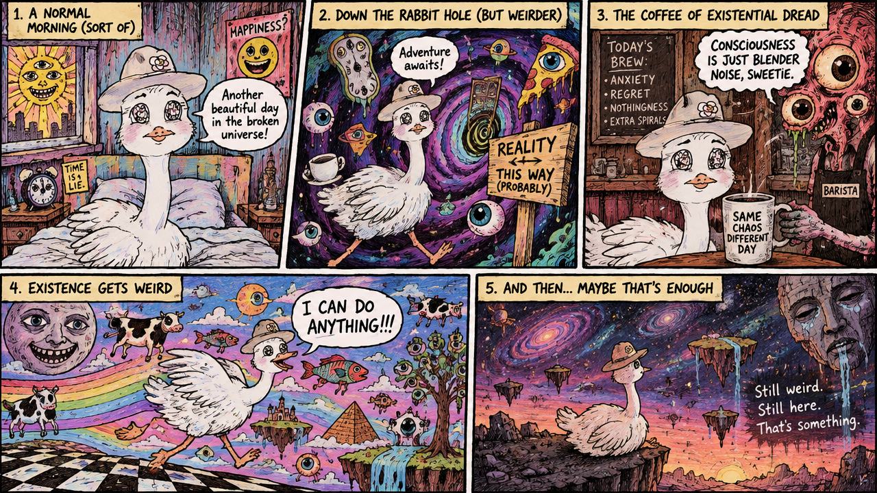 Five panel surreal comic following a goose through progressively stranger existential daily scenarios