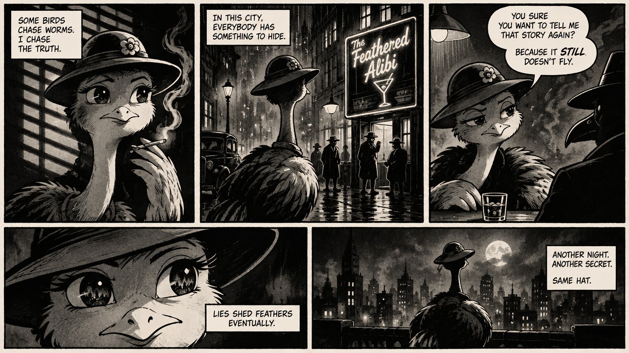 Five panel noir comic strip following an anthropomorphic bird detective in a rainy 1940s city
