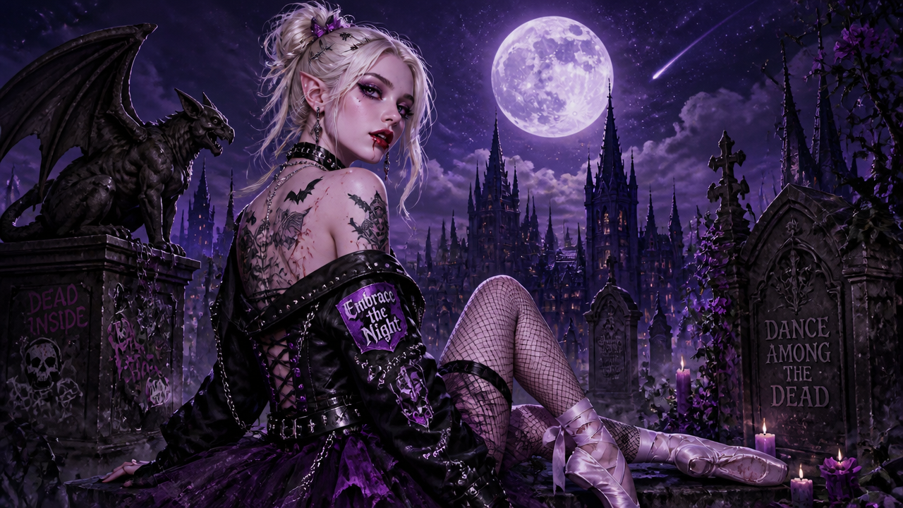 Tattooed goth vampire elf sits in a moonlit purple graveyard beside a stone gargoyle