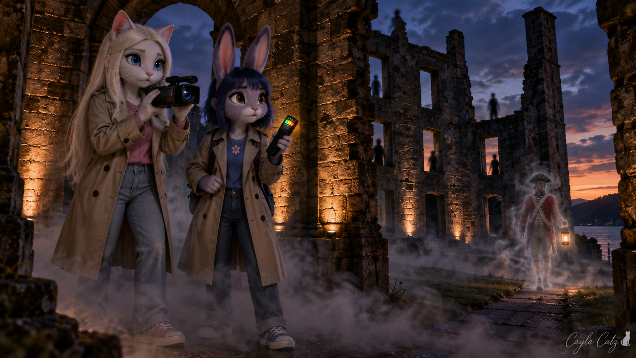Anthropomorphic cat and rabbit ghost hunters explore misty stone ruins as a ghost approaches at sunset