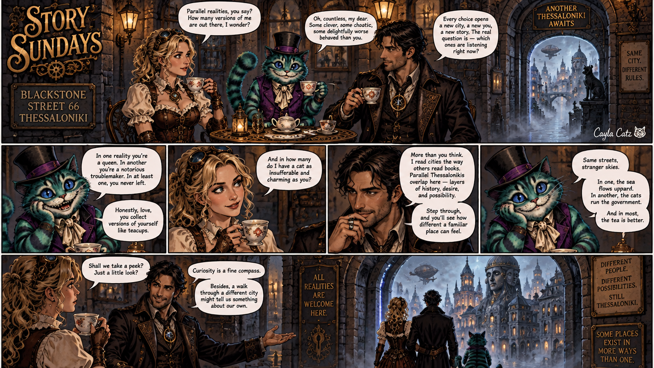 Steampunk comic strip of a couple and grinning Cheshire Cat drinking tea while discussing parallel realities