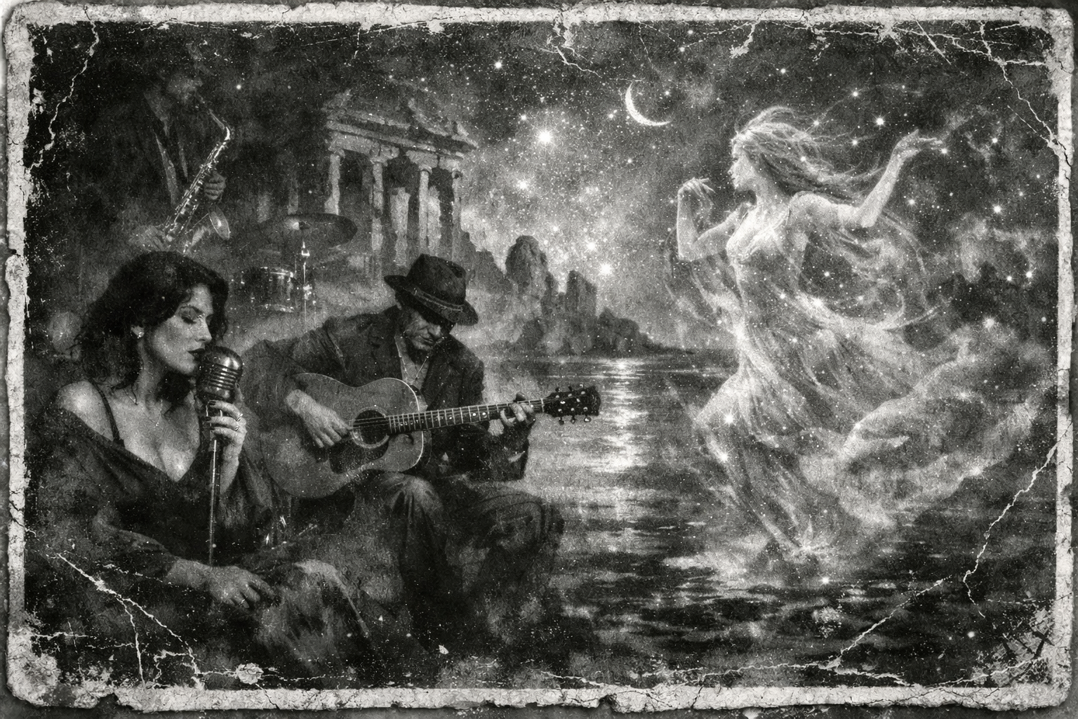 Crackled vintage artwork of a jazz band performing for a glowing ethereal dancer under a starry crescent moon