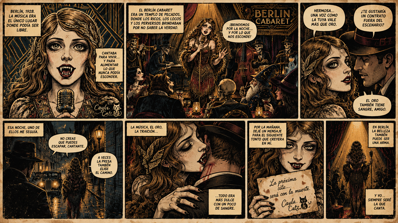 Gothic sequential comic page telling the story of a vampire cabaret ...