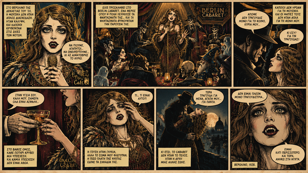 Gothic sequential comic page telling the story of a vampire cabaret ...