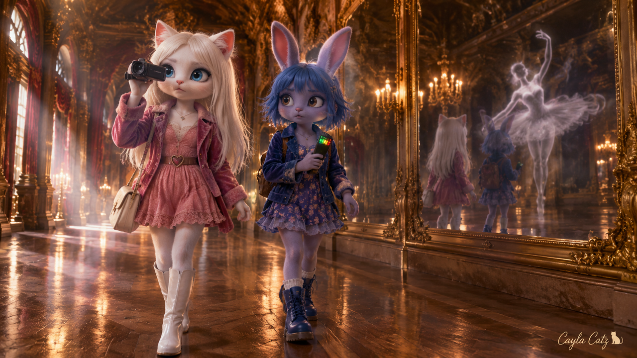 Anthropomorphic cat and rabbit explore an ornate palace hall — AI art ...