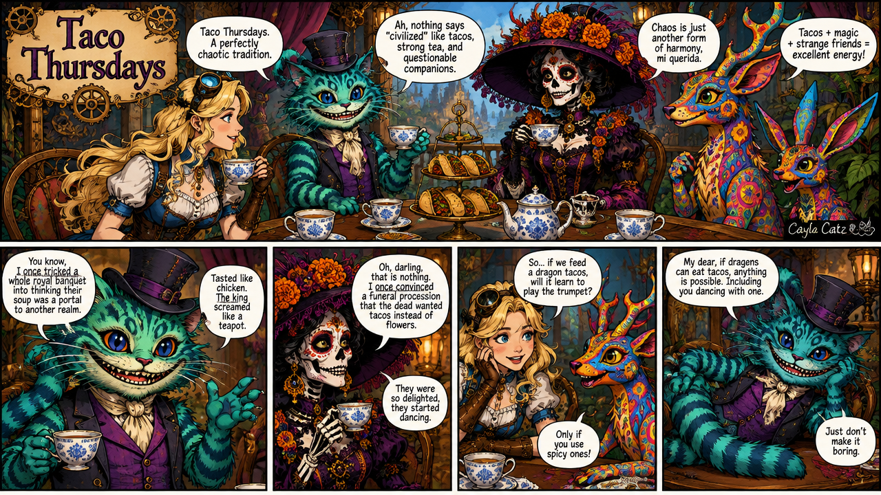 Multi-panel fantasy comic of quirky magical characters chatting over tacos and tea at a T